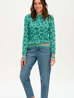 Sugarhill Brighton Callie Jumper Teal Leopard Print Sweater US 6 Cotton Knit